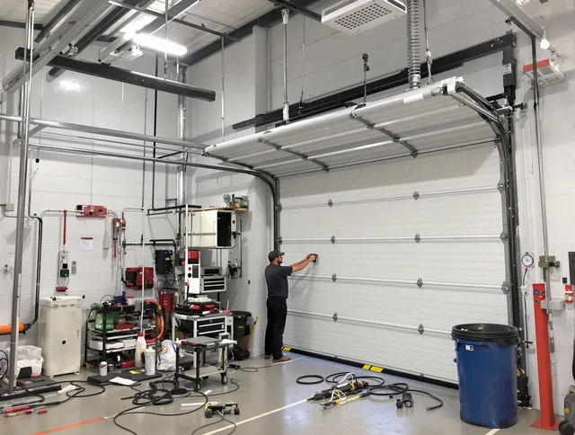 Tolland Garage Door Repair certified technician performing commercial door repair at a Tolland business facility