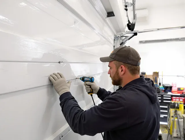 Tolland Garage Door Repair technician demonstrating precision dent removal techniques on a Tolland garage door