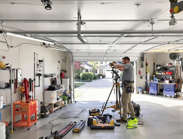 Tolland Garage Door Repair specialist performing laser-guided track alignment in Tolland